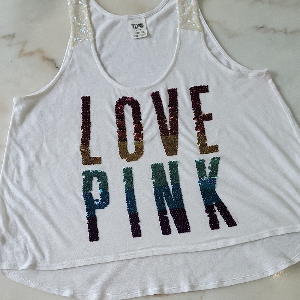 PINK Victoria's Secret Red and White Sequin Sleeveless Tank